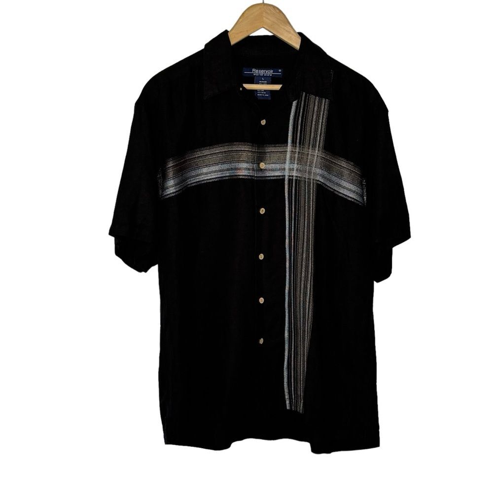 Linen Blend Men's Black Short Sleeve Button Front Shirt Sz Large